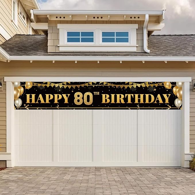 Large Happy 80th Birthday Decoration Banner, Black and Gold Happy 80th Birthday Banner Sign, 80th Birthday Party Decorations Supplies(9.8x1.6ft)