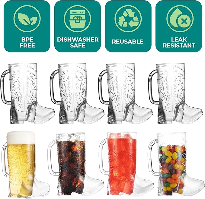 JoyServe Cowboy Boot Cups - (Bulk Pack of 12) 17oz Drink Mugs, Reusable BPA-Free Plastic Drinking Mug Cups for Kids, Western Themed Rodeo Birthday Party Decorations and Supplies