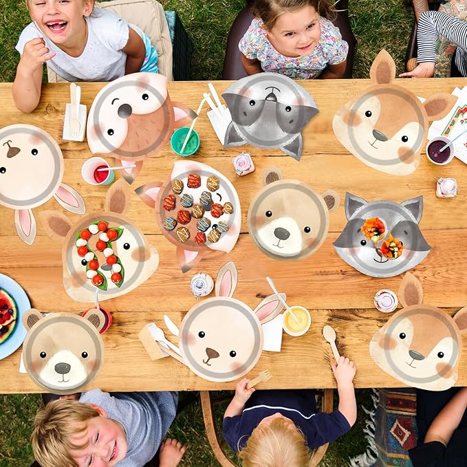 60 Count Woodland Party Paper Plates Animal Shaped Disposable Plates Woodland Creatures Tableware Forest Birthday Decorations for Birthday Baby Shower Animal Theme Party Favors