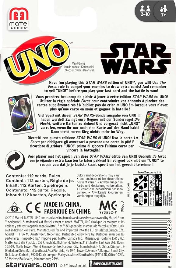Mattel Games UNO Star Wars Matching Card Game Featuring 112 Cards with Unique Wild Card & Instructions for Players 7 Years Old & Up, Gift for Kid, Family & Adult Game Night