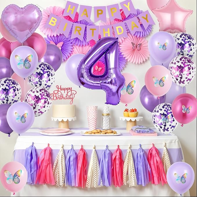 4th Pink Purple Birthday Decorations,Pink Purple 4th Birthday Balloons for Girls Lavender Party Decor Banner Number 4 Balloons Cake Topper Butterfly Party Decorations for 4 Year Old Girls