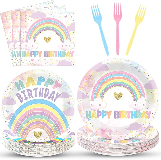96PCS Boho Pastel Rainbow Party Paper Plates and Napkins for Rainbow Cloud Theme Party Dessert Cake Plates Disposable Decor Girls Happy Birthday Set for Kids Birthday Gatherings Decorations