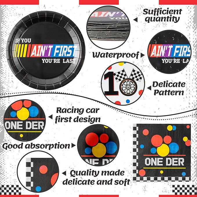 Racing Car First Birthday Party Supplies - 96pcs Paper Plates Napkins Forks Kids 1st Birthday Party Table Decorations Racing Car First Themed Disposable Cake Tableware Set for 24 Guests