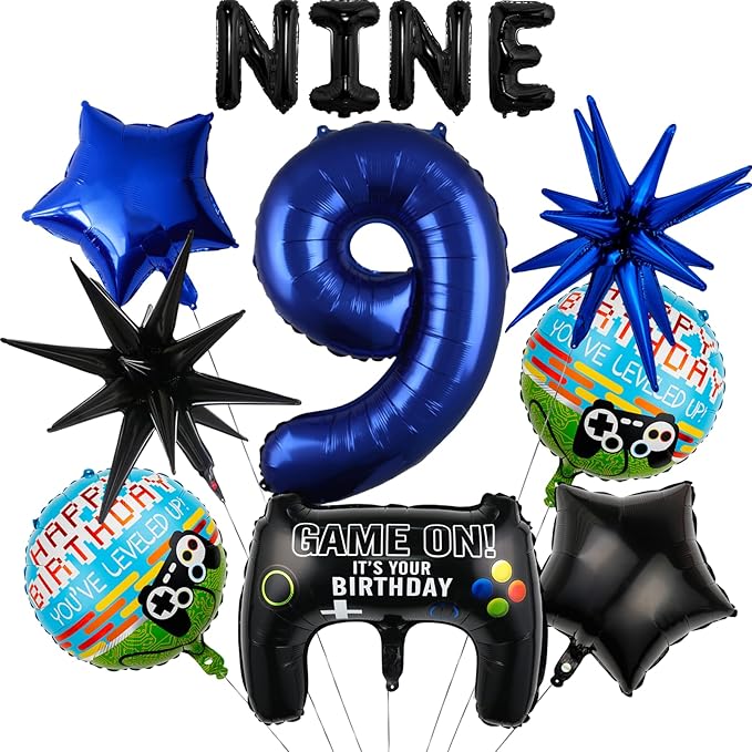 12pcs Video Game Themed Party Decorations, Number 9th Boys Birthday Party Supplies, Navy Blue Video Game Controller Mylar Foil Balloon, Video Game star Party Decoration Supplies