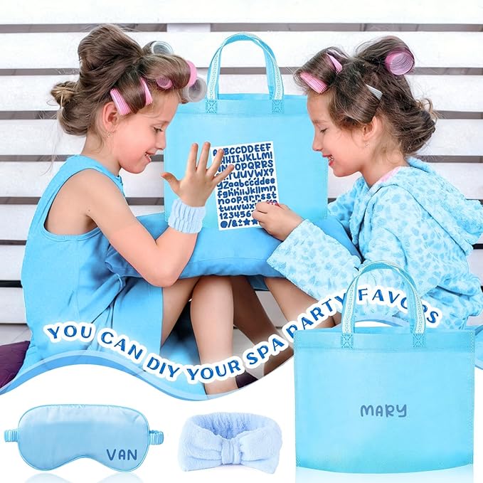 72 Pcs Blue Spa Sleepover Party Supplies for Girls With DIY Stickers And Greeting Card Pink Headband Wristbands Eye Mask Hair Scrunchie Tote Bag Sleeping Slumber Party Favors