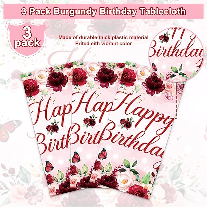 3PCS Happy Birthday Party Tablecloths for Woman Lady Girls Birthday Pink Watercolor Floral Themed Burgundy Flower Table Cover Party Decorations Disposable Plastic Table Cloth