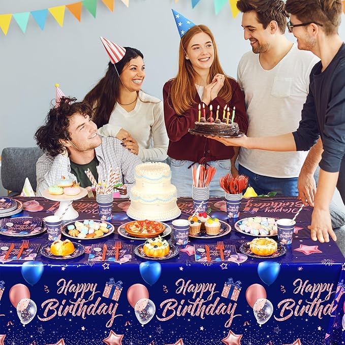 Norme 176 Pcs Navy Blue and Rose Gold Birthday Tableware Set Birthday Decoration Includes Tablecloth Paper Plates Napkins Paper Cups Forks Knifes and Straws for 25 Guests Party Supplies (Bright)