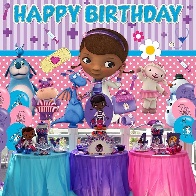 Doc Girls Birthday Party Decoration,Doc McStuffins Party Photo Background 5 x 3 FT and 18 Pcs Balloon,Cartoon Merch Party Backdrop Supplies