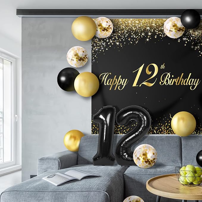 Happy 12th Birthday Balloons Black Set Decor - Cheers to 12 Years Old Party Theme Garland Banner Backdrop Decorations For Boy and Girl Supplies