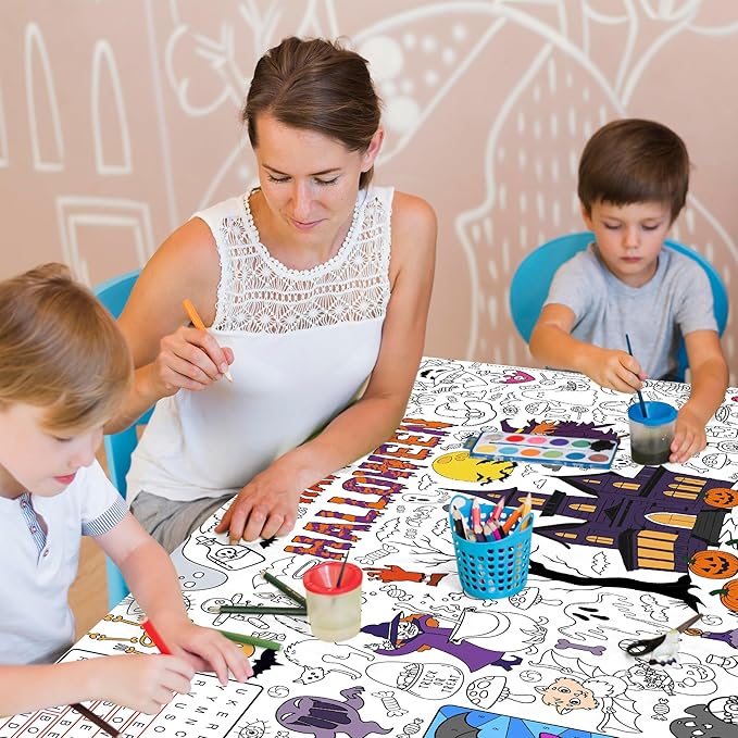 Giant Halloween Coloring Tablecloth for Kids, Large 30x72 Inch Poster with Haunted House, Pumpkins, Ghosts, Bats, Arts Crafts Games Indoor Activities for Halloween Party, Classroom Fun