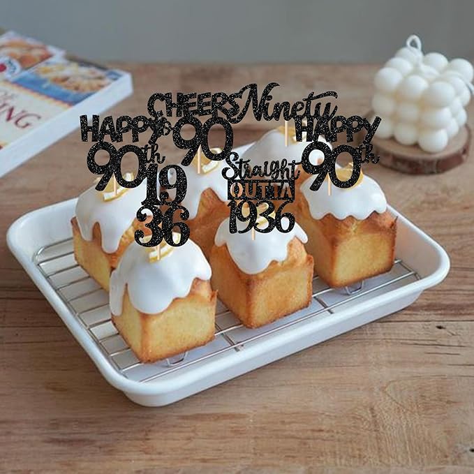 30PCS Black 90th Birthday Cupcake Toppers Glitter Nighty 90 Fabulous Happy 90 Straight Outta 1936 Cupcake Picks for 90th Birthday Anniversary Party Cake Decorations Supplies