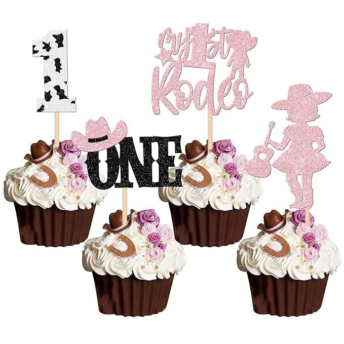 24 PCS Cowgirl 1st Birthday Cupcake Toppers Glitter My 1st Rodeo First Birthday Hat Cowgirl One Cupcake Picks for Western Theme Baby Shower Kids Girls 1st Birthday Party Cake Decorations Supplies