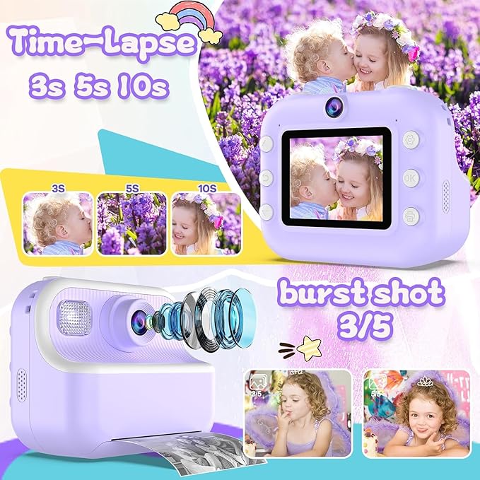 Kids Camera Instant Print, Toys for 3-12 Year Old Girls Christmas Birthday Gifts, 48MP Kids Selfie Digital Camera, 1080P HD Children Video Recorder, 2.4" Toddler Camera with Print Paper