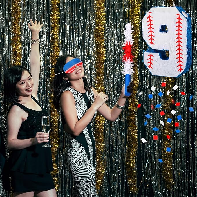 HyDren Baseball Piñata Baseball Party Decorations Number Piñata with Bat, Blindfold and Confetti, 16 Inch Sports Themed Birthday Party Supplies for Celebration Events(Number 9)