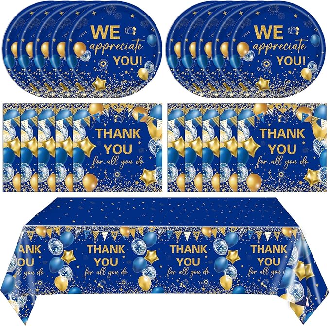 41Pcs Blue Gold Thank You Decorations Thank You for All You Do Tableware Disposable Paper Plates Napkins Tablecloth丨Teacher Employee Staff Doctors Nurse Pastor Appreciation Week Party Decor,Serve 20
