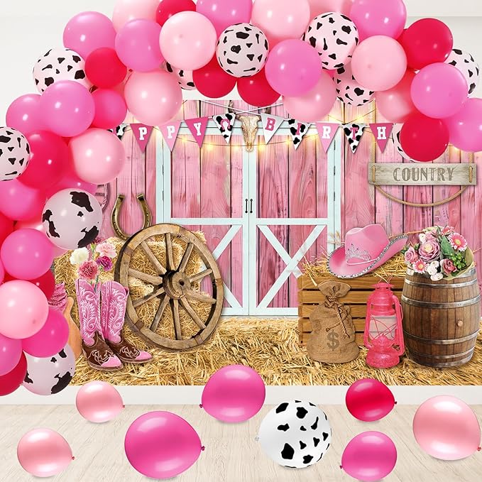 Cowgirl Birthday Party Supplies Western Party Decorations Includes 65pcs Cowgirl Balloons and 1pcs Western Backdrop for Cowboy Rodeo Birthday Country Decorations Supplies(Pink)