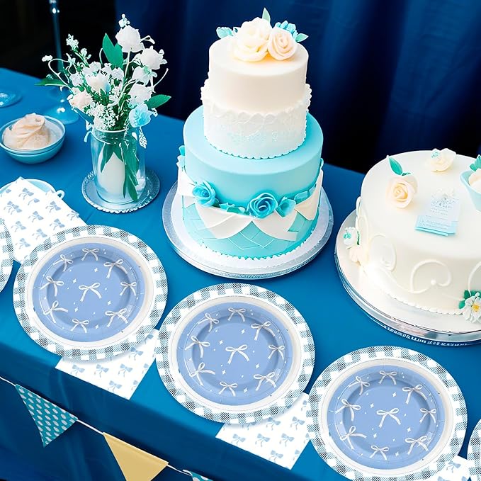 180Pcs Blue Bow Party Supplies Paper Plates and Napkins Serve 60 Disposable Tableware Set for Birthday Party Decorations Game Day Family Holiday Sports Events