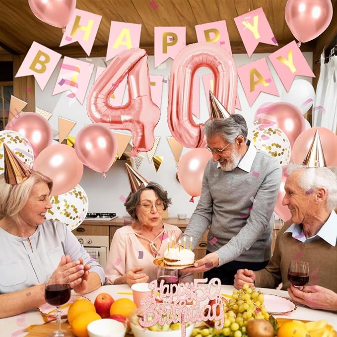 40th Rose Gold Birthday Decorations For Women, Number 40 Balloons Metallic Pearl Gold Rose Confetti Balloons Happy Birthday Banner Fringe Curtain Cake Topper For 40th Party Supplies