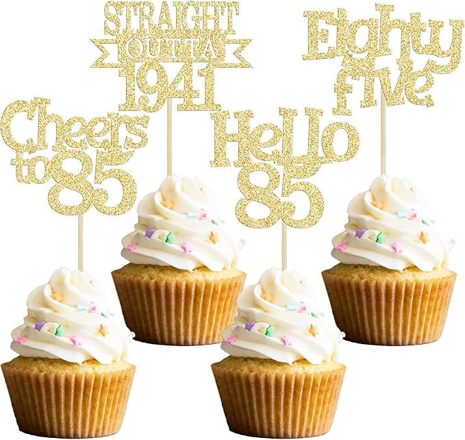 Ephlyn 24Pcs 85th Birthday Cupcake Toppers Glitter Straight Outta 1941 Cupcake Picks Hello 85 Cheers to 85 Years Cake Decorations for 85th Birthday Anniversary Party Decorations Supplies Gold