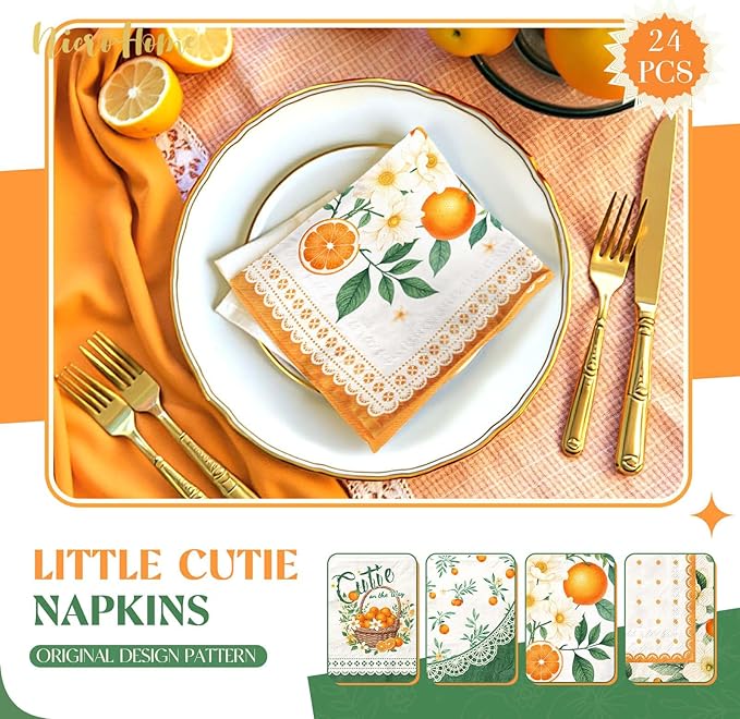 Little Cutie Baby Shower Party Supplies, 24 PCS Little Cutie Napkins Green Orange Fruit Theme Paper Napkins for Citrus Birthday Party Baby Shower Spring Summer Christmas Dinner Decoration