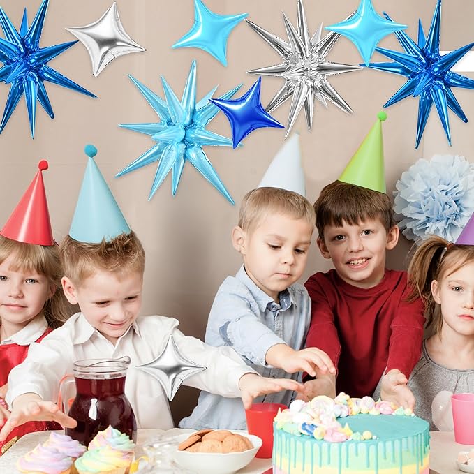 TONIFUL 18Pcs 22Inch Blue Silver Large Explosion Star Mylar Balloons and 10Inch Four Pointed Star Balloons Set for Christmas New Year Birthday Wedding Bridal Shower Anniversary Photo Booth Supplies