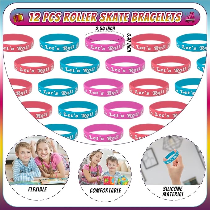 134 Pcs Roller Skate Party Favors Set with Straws Keychains Slap Bracelet Tattoo Roller Skate Stickers Wristbands Goodie Bags Roller Skating Party Supplies Skate Party Decorations