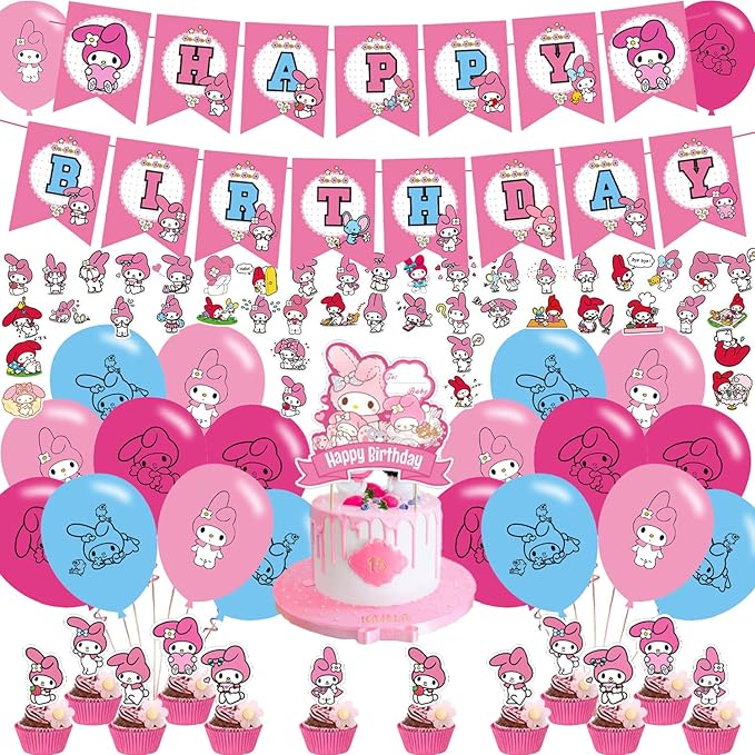 My Melody Party Decorations - Birthday Party Supplies Includes Banner, Cake Topper, 12 Cupcake Toppers, 18 Balloons, 50 My Melody Stickers