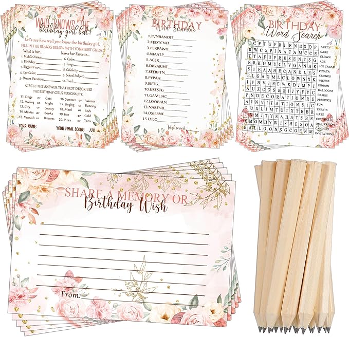 Fumete 100 Pcs Who Knows The Birthday Girl Best Cards with 20 Pre Pointed Pencils Set for 20 Guests, Girls Birthday Night Game Ideas, Girls Her Sleepover Party Supplies, 4 Activities(Rose)