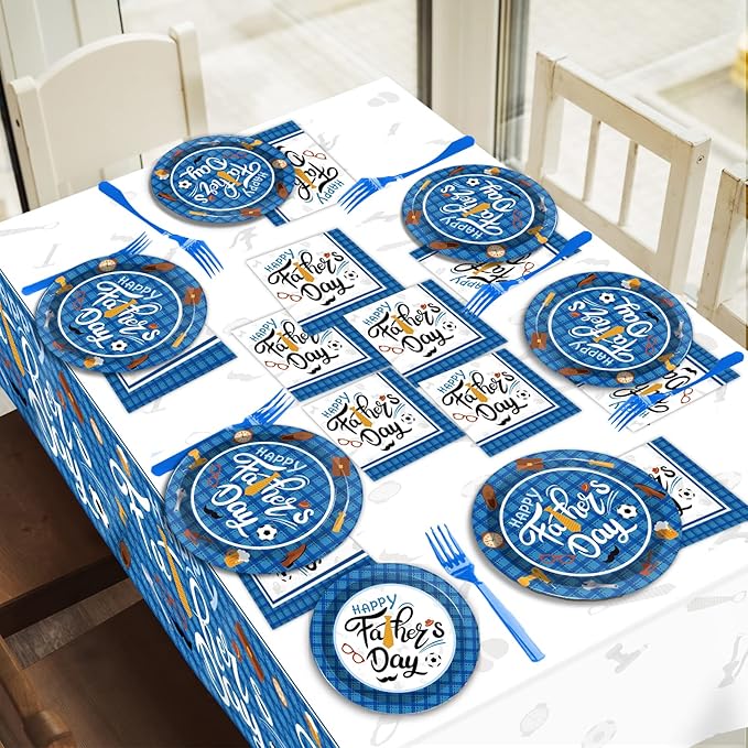 Happy Father's Day Party Supplies Disposable Paper Plates Napkins Forks Tablecloth for Father's Day Party Family Dinner Table Decorations Dad Table Cover Tableware Set Serve 24