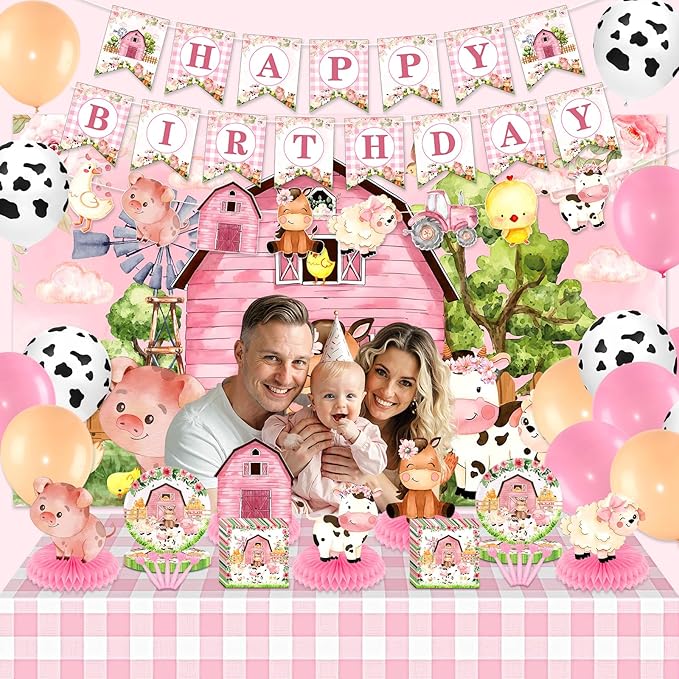 Pink Farm Animal Theme Birthday Party Supplies Decorations Tableware Set for Girl Baby Shower Farm Animal Happy Birthday Banner Backdrop Balloon Tablecloth Plate Napkins Forks Honeycomb Centerpiece