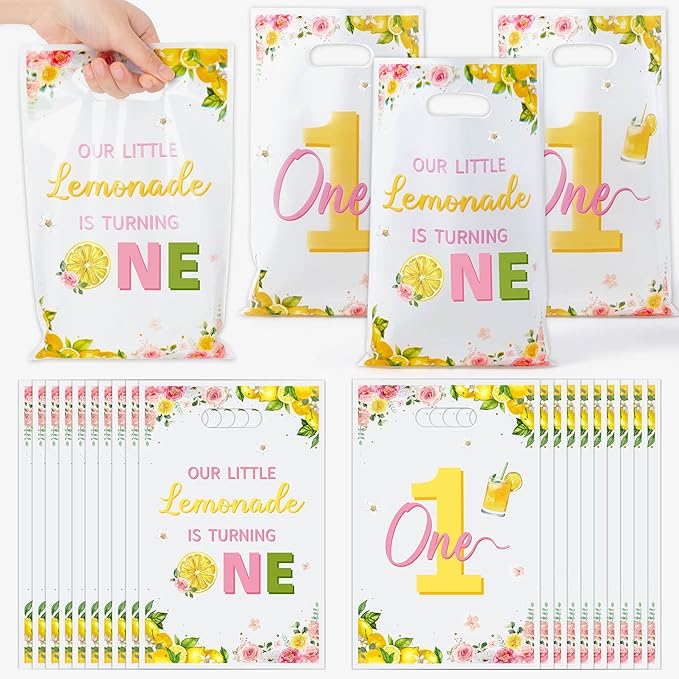 Lemon 1st Birthday Party Favor Bags - 50Pcs Our Little lemonade is Turning One Goody Candy Treat Bags, Summer Lemon Themed Baby First Birthday Party Decorations for Baby Shower