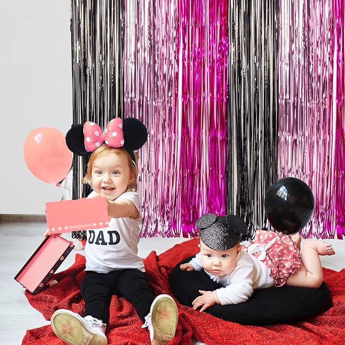 LOLStar 3 Pack Cartoon Mouse Birthday Party Supplies,3.3x6.6 ft Black Pink Fuchsia Tinsel Foil Fringe Curtains,Cartoon Mouse Photo Booth Prop Streamer Backdrop, Kawaii Party Decoration for Girls Baby