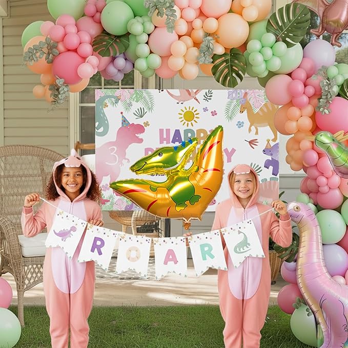 Three-Rex Cute Dinosaur theme birthday party Decorations with Pink Green balloon and dino foil balloon & footprint sticker & ROAR Banner Backdrop & Artificial Palm Leaves for Girls 3rd birthday