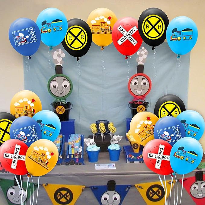 PANTIDE 52 Pcs Railroad Crossing Train Balloons Set 12 Inches Latex Balloons Bouquet with Ribbon Railway Choo Choo Steam Train Traffic Sign Party Decorations Supplies for Kids Birthday Baby Shower