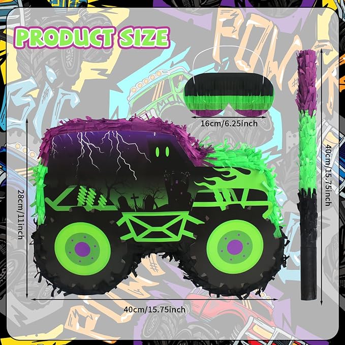 Green and Purple Monster Truck Pinata Car Pinata with Stick and Blindfold for Kids Boys Monster Truck Racing Car Birthday Party Supplies Decorations Carnival Party Favors(15.75*11*2.36 Inch,Small)