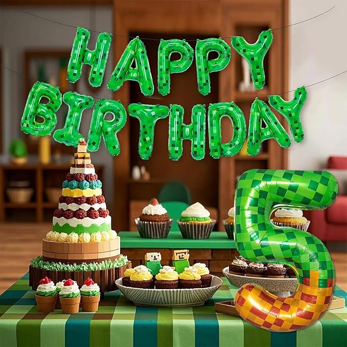 Green Pixel Miner Number 9 Foil Balloon Set 40 Inch Large Mylar Mining Theme Brown 9th Number Balloons Pixel Cubes Boxes Video Game Birthday Party Decorations 10Pcs