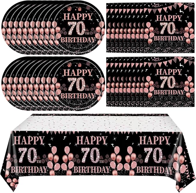 41PCS 70th Birthday Party Decorations, Black Gold Vintage 70th Tableware Set Paper Plate Napkin and Tablecloth, Back to 1955 Aged 70 Table Party Supplies, 70 Year Old Birthday Decor for Women Men
