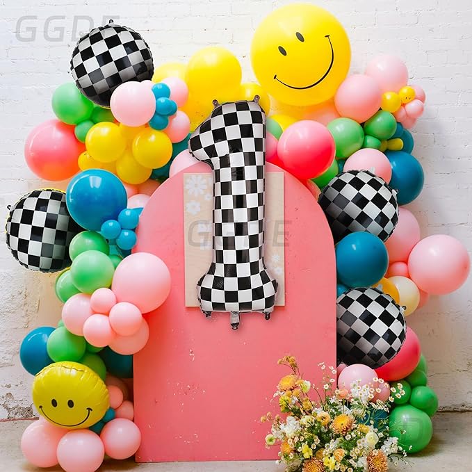40 Inch Checkered Number Balloon 1 Black and White Race Car Birthday Balloons Baby Hippie Smile Party One Happy Dude Balloons Shower Boys 1st Birthday Race Car Theme Party Decor Supplies 5 Pcs