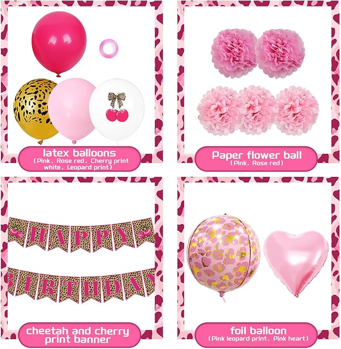Pink Cheetah Print Birthday Decorations Leopard Foil Cherry Print Balloons Happy Birthday Banner with Heart Balloons for Women Baby Shower Safari Wild Birthday Theme Party Supplies