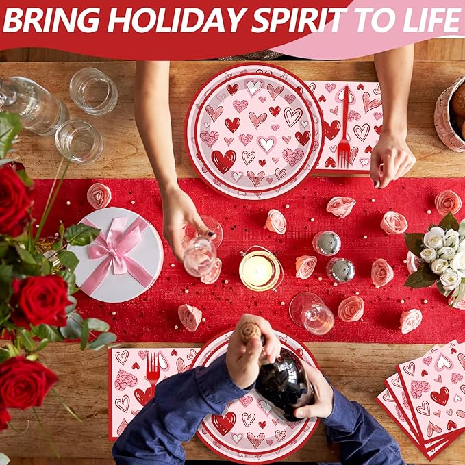 100 Pcs Valentine’s Day Heart Tableware Party Supplies Set, Serves 25 – Disposable Pink & Red Heart Paper Plates, Napkins, and Forks for Romantic Dinner, Bridal Shower, Love-Themed Party Decorations