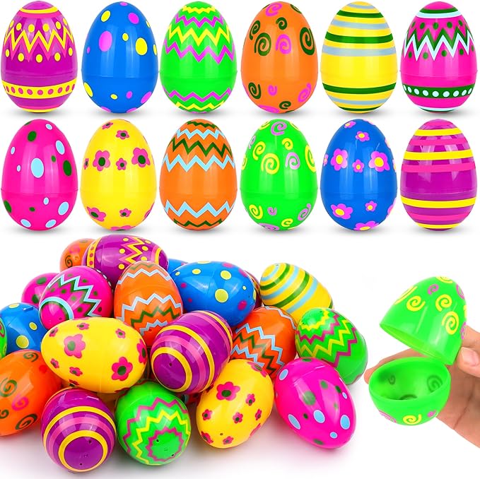 48 Pack Plastic Printed Easter Eggs, 2.4 Inch Fillable Empty Eggs Bulks for Easter Eggs Hunt, Easter Basket Stuffers Fillers, Classroom Prize Supplies, Filling Treats and Party Favors