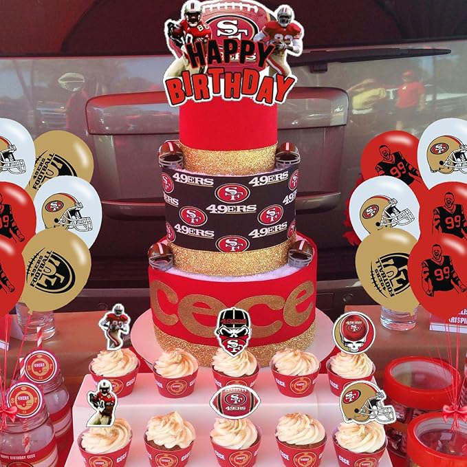 49ers Party Decorations,San Francisco Birthday Party Supplies Includes Banner- Cake Topper - 24 Cupcake Toppers - 18 Balloons