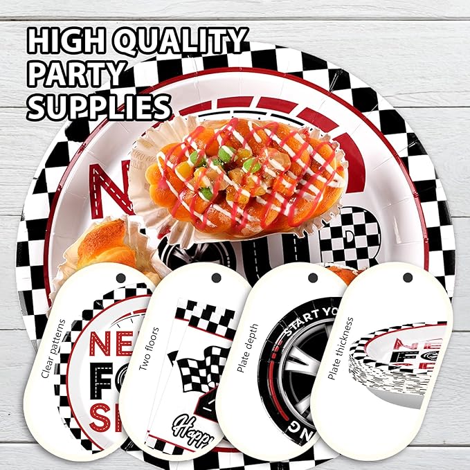 96 Pcs Need Four Speed Birthday Decorations Disposable Race Car Themed 4th Party Plates and Napkins Checkered Flag Tableware Set for Kids Boys Racing Car 4 Year Old Birthday Party Supplies Serves 24