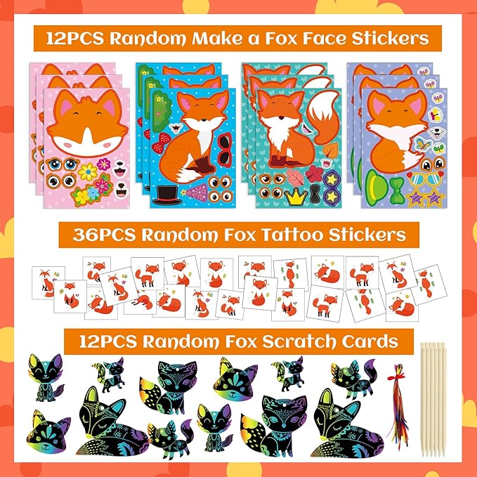 Fox Party Favors, 132PCS Fox Themed Birthday Party Supplies, Fox Gifts Goodie Bag Stuffers Stickers Stamps Toys Pinata Prizes for Jungle Safari Party Woodland Creatures Fox Birthday Party Decorations
