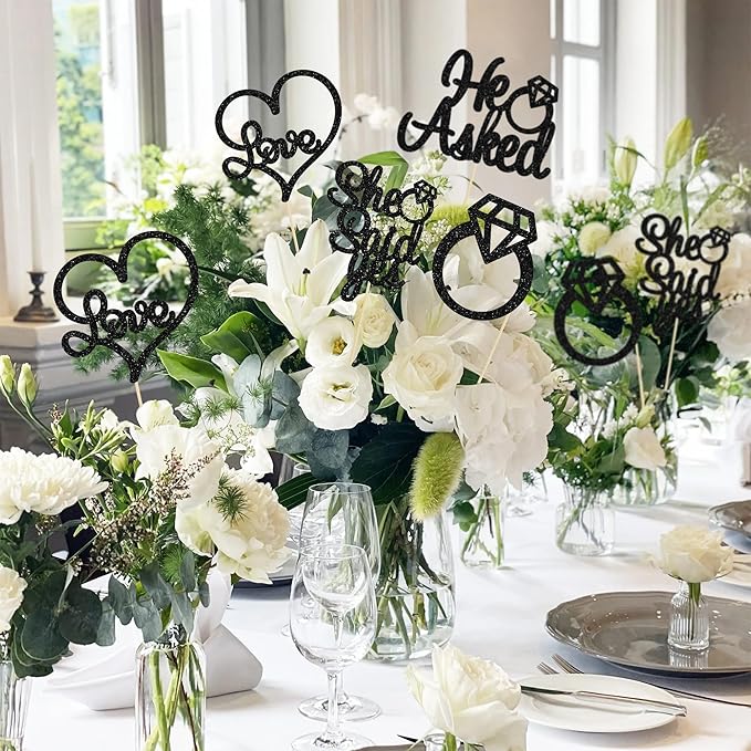 Gyufise 12Pcs He Asked She Said Yes Centerpiece Sticks Double Sided Love Heart I Do Ring Table Centerpiece Sticks for Wedding Engagement Bridal Theme Party Supplies Black