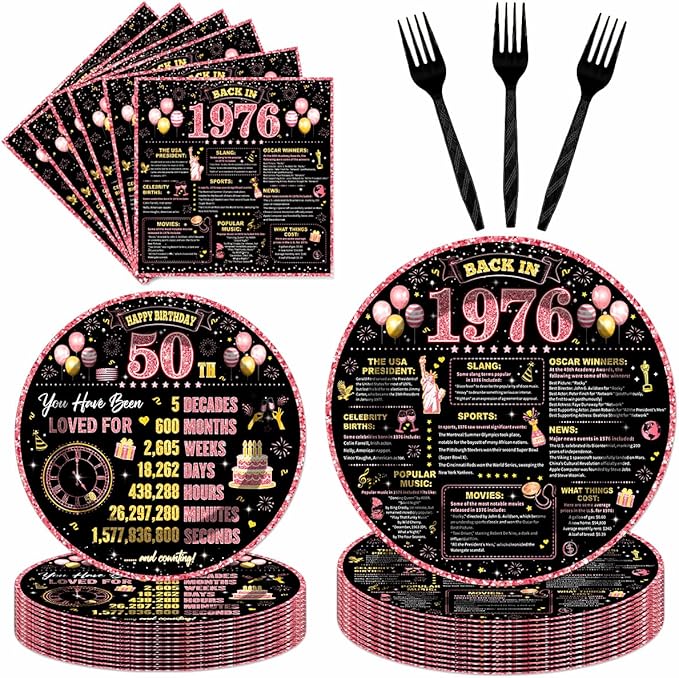 96Pcs 50th Birthday Decorations Women Tableware Set Rose Gold Back in 1976 Paper Plates Napkins Forks Cheers to 50 Years Disposable Tableware Decor for 50th Bday Theme Party Favor Serve 24 Guests