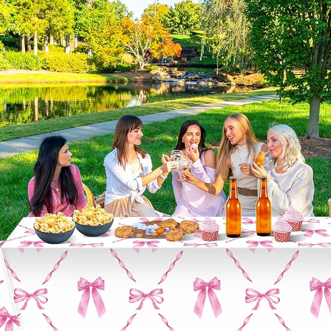 Zhehao 4 Pcs Pink Ribbon Tablecloth 54 x 108'' Coquette Table Cover Pink Bow Birthday Decorations Plastic Disposable Table Cloth for Girls Women Party Supplies