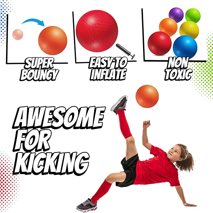 8.5 Inch Playground Balls Dodgeballs for Kids & Adults - (Pack of 6) Inflatable Rubber Indoor Outdoor Bouncy, Kickballs, Four Square and Handballs for School, Gym, Recess and More with Ball Pump