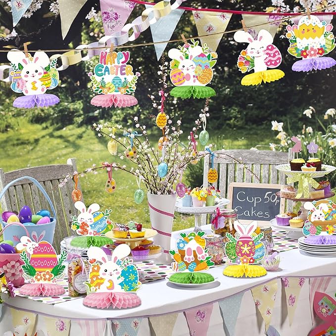 Tarklanda 12 Pcs Baby Shower Honeycomb Centerpieces 3D Easter Table Topper Honeycomb Decoration for Birthday Wedding Spring Party Supplies (Colorful Easter Bunny)