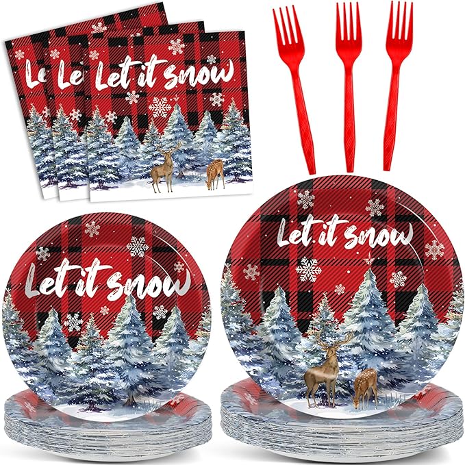 gisgfim 96 Pcs Christmas Party Supplies Paper Plates Napkins Christmas Checkered Buffalo Plaid Snowflake Party Tableware Disposable Dinnerware Decorations Favors for Xmas Winter Holiday Serves 24